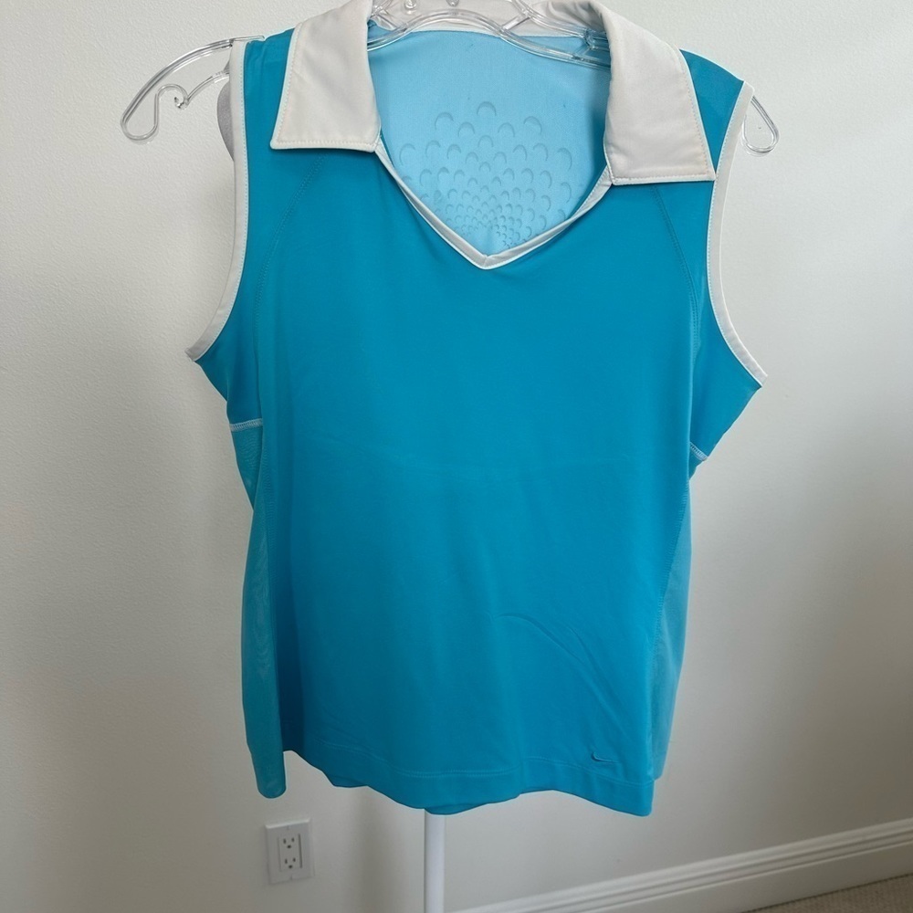 SALE Golf Shirt, Turquoise with white trim , Cut out white detail back, size M